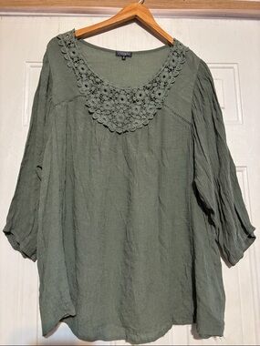 Hannah Olive Green Crochet-Yoke Tunic Blouse